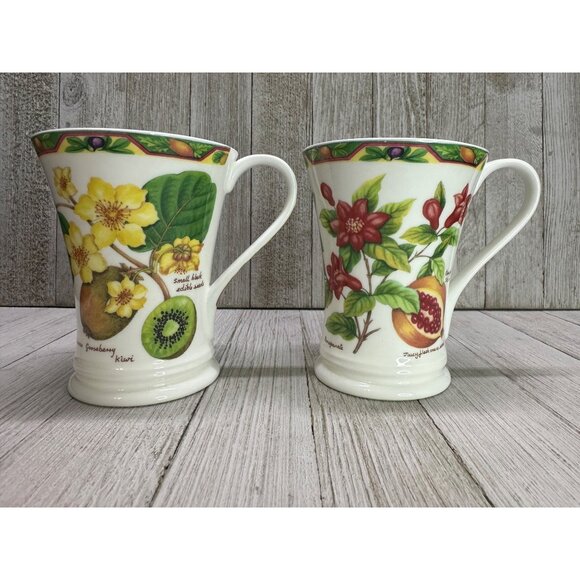 Vtg Crown Trent Fine Bone China Fruit Set of 2 Mugs Kiwi Papaya Pomegranate Fig - Picture 1 of 16